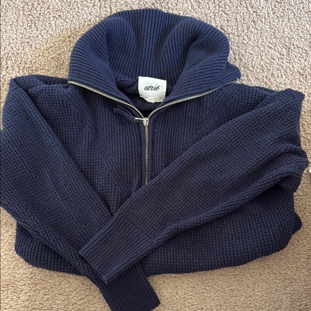 Aerie Blue Zip Up Sweater with High Collar